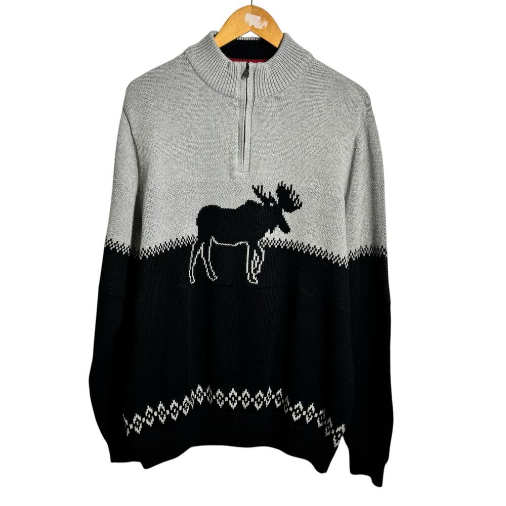 Chaps‎ Sweater Mens L Black Gray 100% Cotton Knit Moose Novelty Print Gorpcore